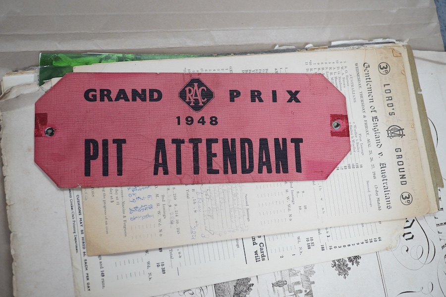 Sporting mostly cricketing ephemera, including a red Grand Prix 1948 pit attendant ticket, ticket 22cm wide. Condition - mixed poor to fair